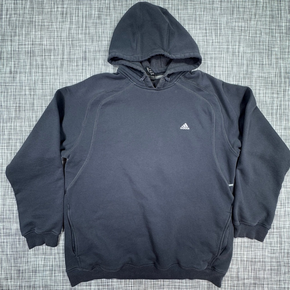 Adidas Mens XL Navy Blue Fleece Hoodie Raglan Sleeve Side Pockets Cotton Blend
